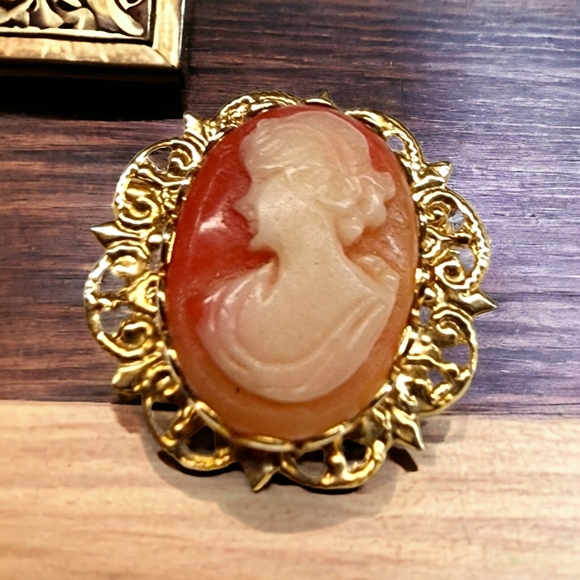 Vintage CAMEO OVAL BROOCH round jewelry 50s - Picture 1 of 3